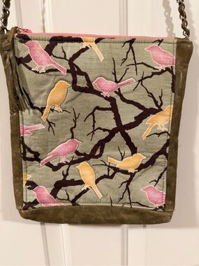 Bird Print Crossbody Bag in Olive with Pink and Yellow Accents